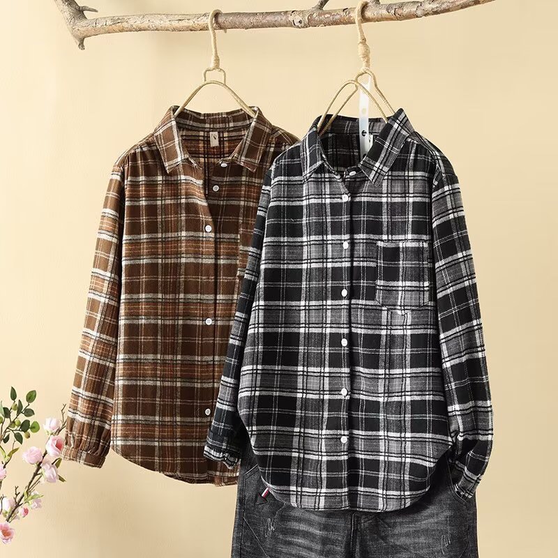 格子衬衫女2023年外套春秋新款长袖外套休闲宽松上衣磨毛百搭纯棉