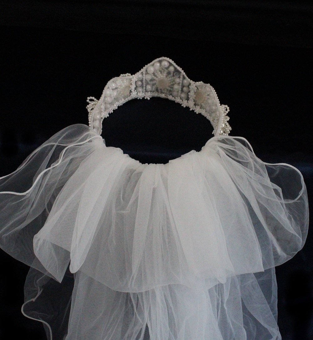 新娘圆形手工钉珠皇冠头纱一体王冠头饰发箍结婚发饰婚纱配饰品仙