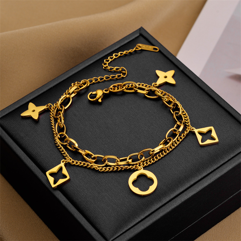 European and American Hollow Four-Leaf Clover Stainless Steel Double-Layer Bracelet Titanium Steel No Fading Titanium Steel Anklet Female Popular Ornament Presbyopic