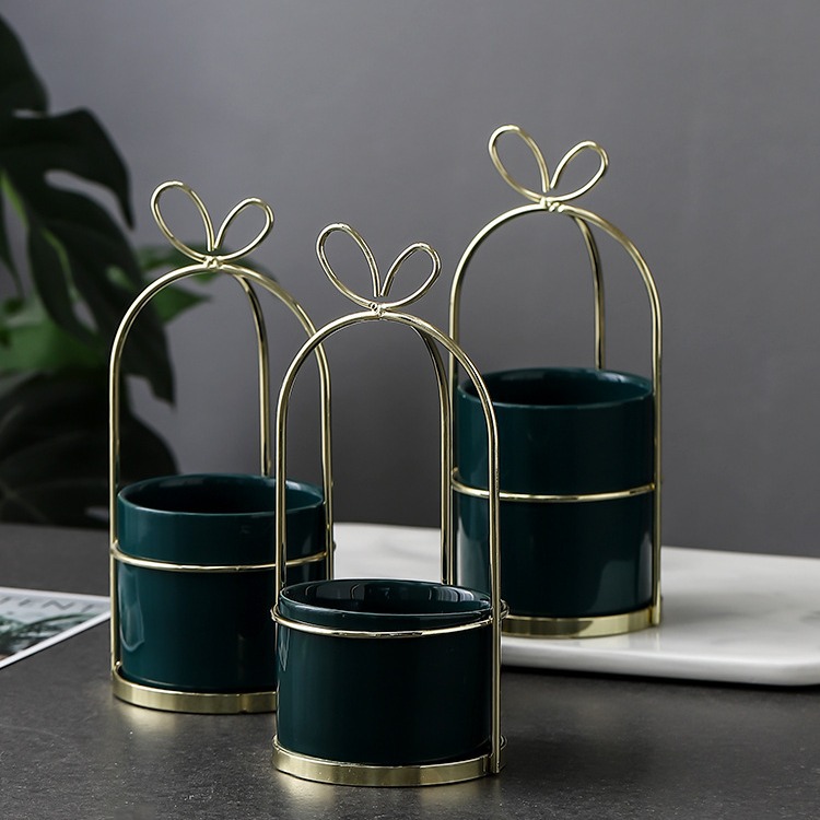 ins iron succulent flower pot simple nordic vase iron stand flower stand ceramic hydroponic flower pot green plant gold-plated flower pot