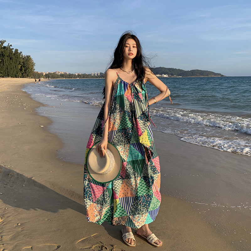 Xishuangbanna Yunnan Travel Wear Women's Ethnic Style Thailand Seaside Vacation Sling Beach Dress Summer