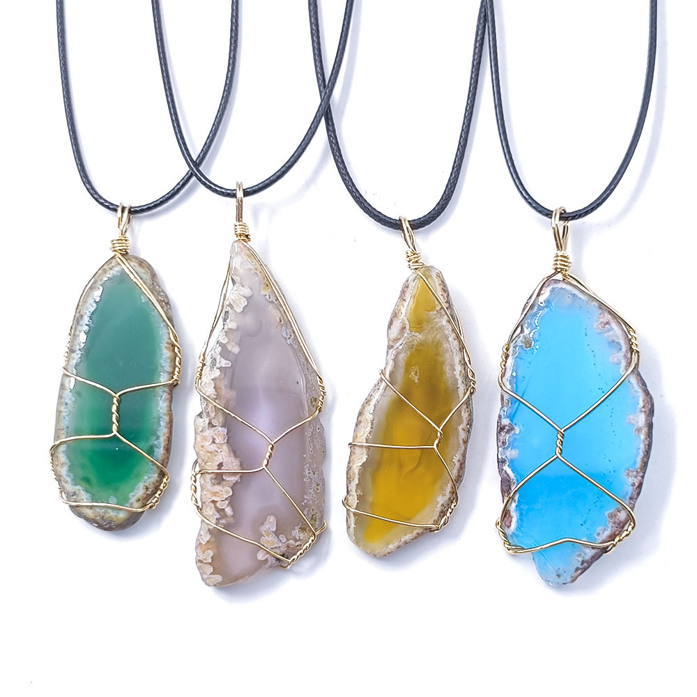 Natural Stone Natural Agate Multi-Color Winding Pendant Irregular Agate Slices Winding Silk Ornaments Colorful Ornament Wholesale