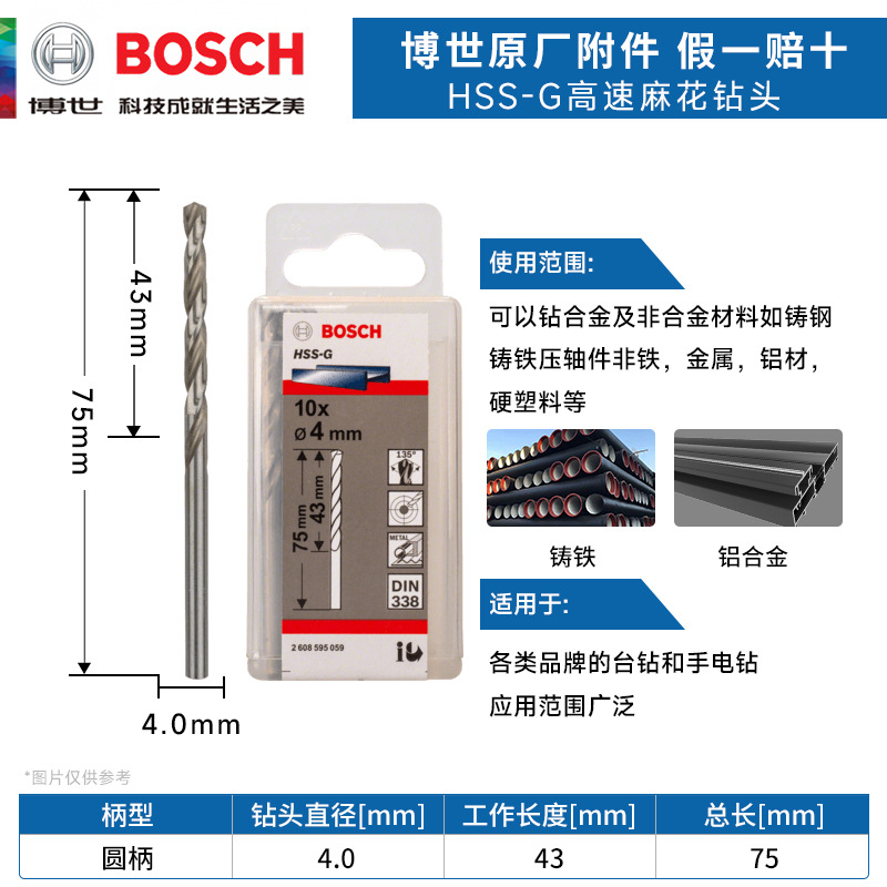 德国博世HSS-G高速钢麻花钻头 金属钻头4.0mm电钻钻头 麻花钻咀