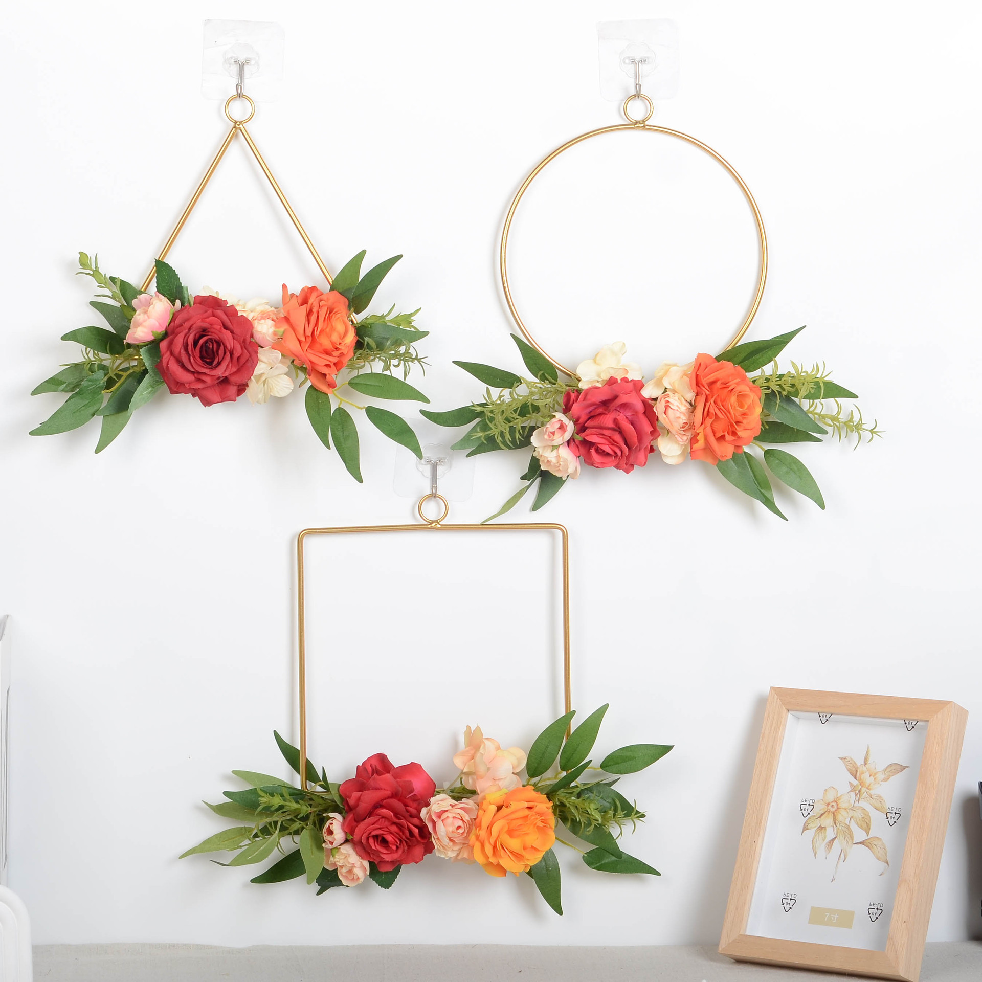 欧式仿真玫瑰金属几何壁挂花环家居客厅房间橱窗店铺婚庆墙壁装饰