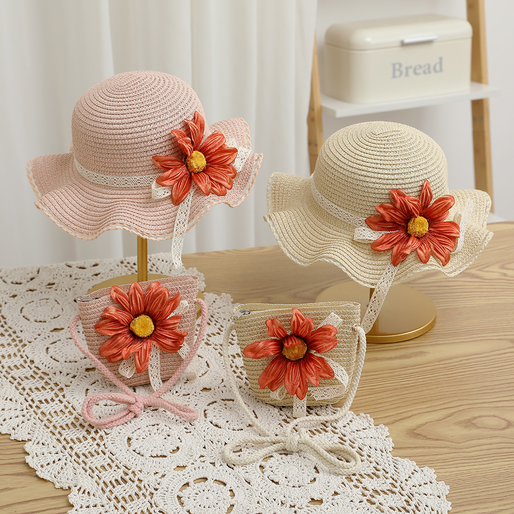 Summer Children's Sun Hat Straw Hat Girl's Big Brim Sun Hat Parent-Child Beach Hat Female Cool Hat Bag Set