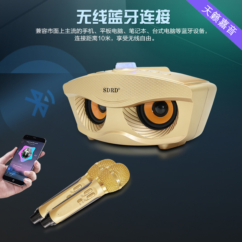 sdrd无线蓝牙双麦克风蓝牙音箱k歌宝sd306猫头鹰k歌蓝牙音响礼品