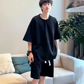【一套】华夫格套装男夏季ins港风短袖t恤短裤高级感帅气搭配男装