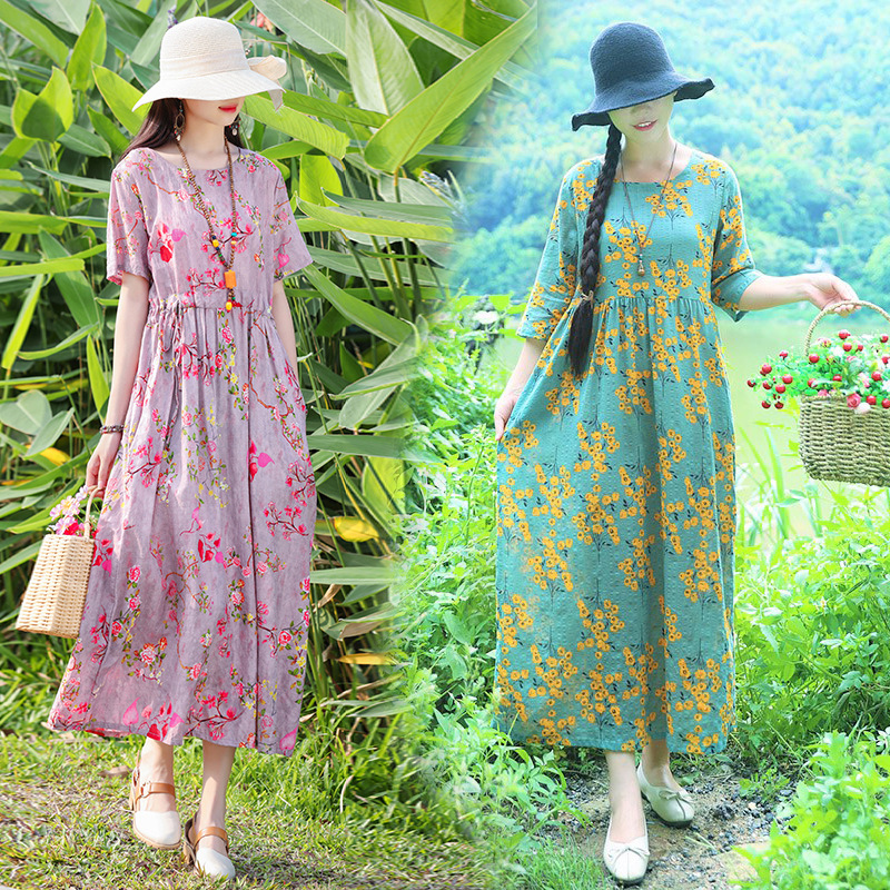 舒爽透气夏日风情夏新款文艺棉麻连衣裙印花圆领长款女裙批发
