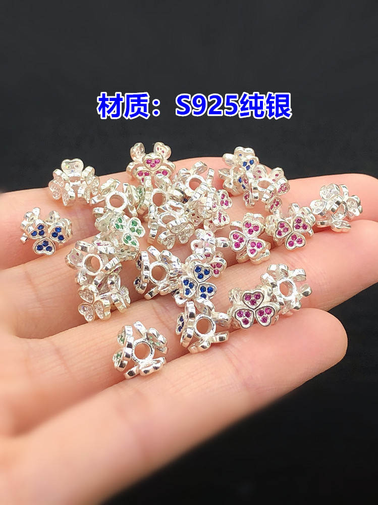 S925 Sterling Silver Plain Silver Colorful Zircon Four-Leaf Clover Spacer Beads Bucket Beads Crystal Braided Hand Rope Necklace Handmade DIY Accessories