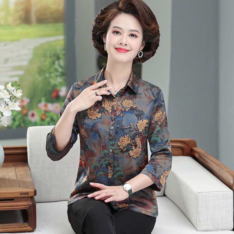 中老年人女装妈妈桑蚕丝真丝衬衫夏装加肥加大码阔太太香云纱上衣