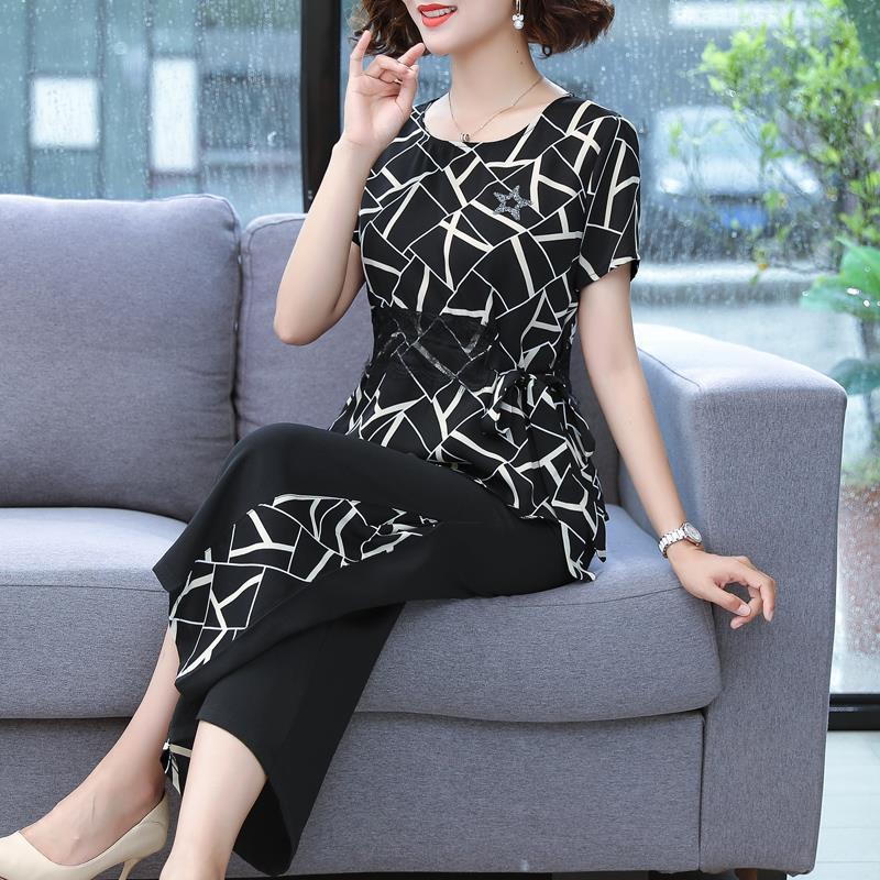 2023 Middle-Aged Mom Summer Clothes Women's Chiffon Shirt Short-Sleeved Two-Piece Suit Middle-Aged Wide-Leg Pants Fashion Suit plus Size