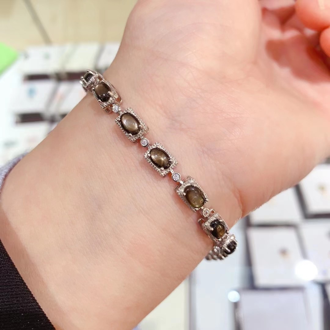 新款手链925银电镀18k镶嵌天然星光蓝宝石手链简约高级一件代发