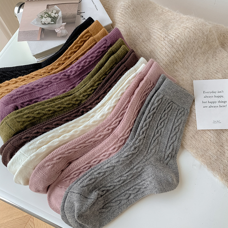 Wool Socks Women's Autumn and Winter Mid-Calf Length Socks Thickened Stockings Winter Warm Twist Cashmere Solid Color Maternity Socks