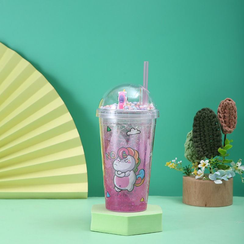 New Unicorn Cup with Straw Creative Ice Crushing Cartoon Drinking Cup Portable Student Plastic Cup Wholesale