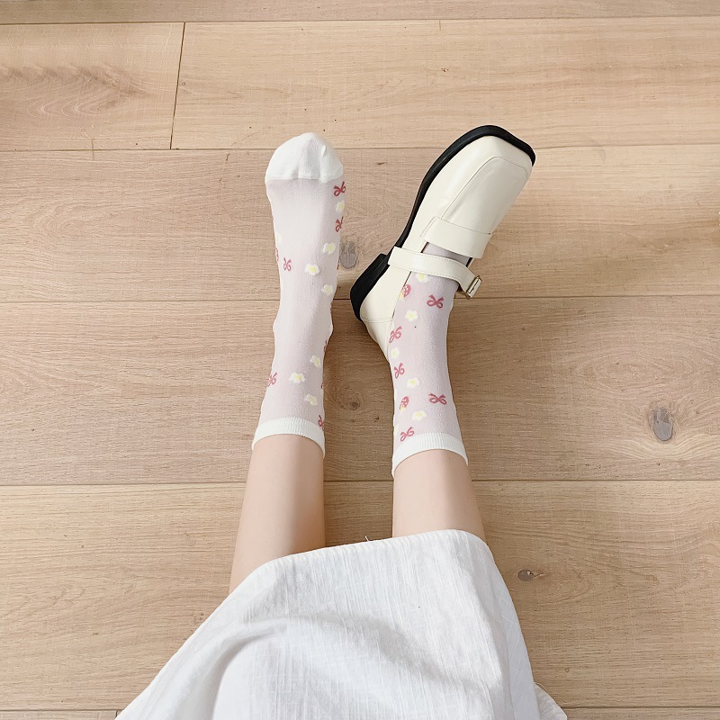 薄款镂空白色花边袜子女中筒袜ins夏季网纱日系可爱lolita堆堆袜