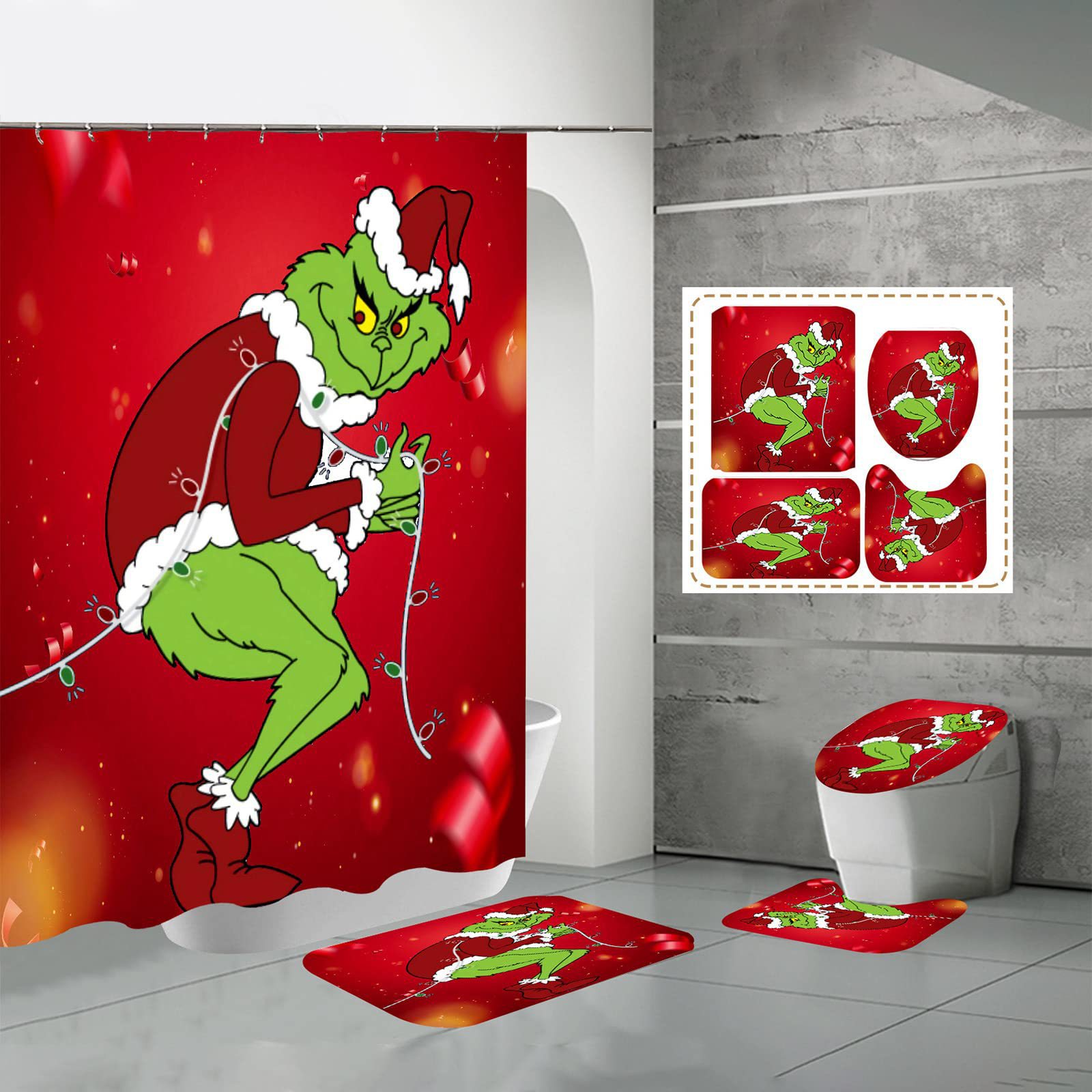 Jingling Bell Bathroom Waterproof Four-Piece Set Shower Curtain Cloth Shower Curtain Christmas Grinch 3D Digital Printing Home Decoration