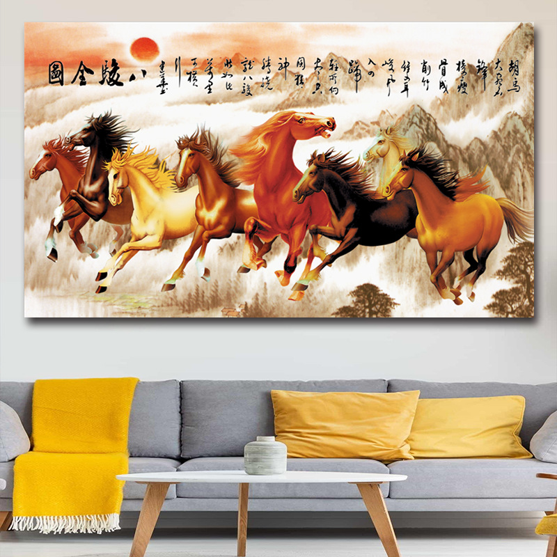 八骏马全图装饰画八马图马到成功挂画中堂画客厅海报沙发墙壁贴画
