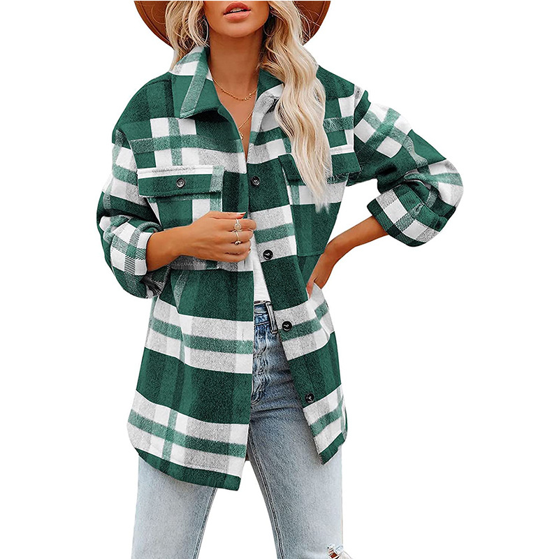 2023 Amazon Autumn and Winter Women's Cross-Border European and American Amazon Plaid Button Flannel Woolen Shirt Coat