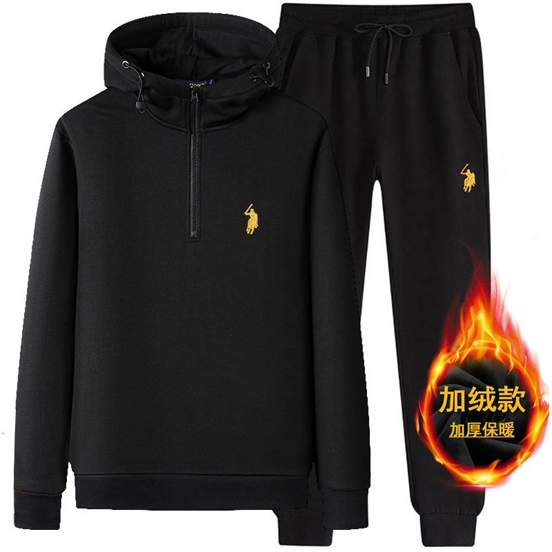 正品保罗连帽卫衣套装男秋冬季加绒休闲运动服大码长袖长裤两件套