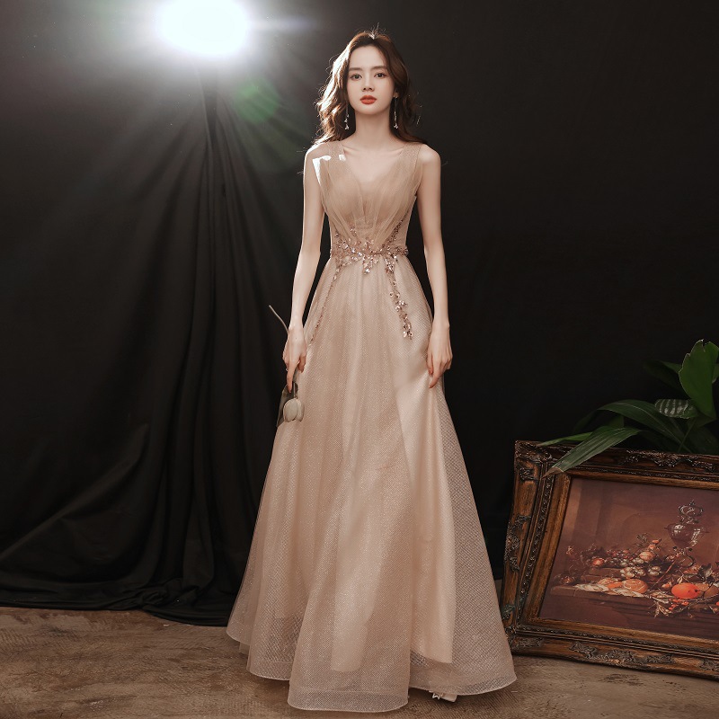 宴会晚礼服女2022新款夏香槟色气质舞会公主长裙小仙女年会晚礼服