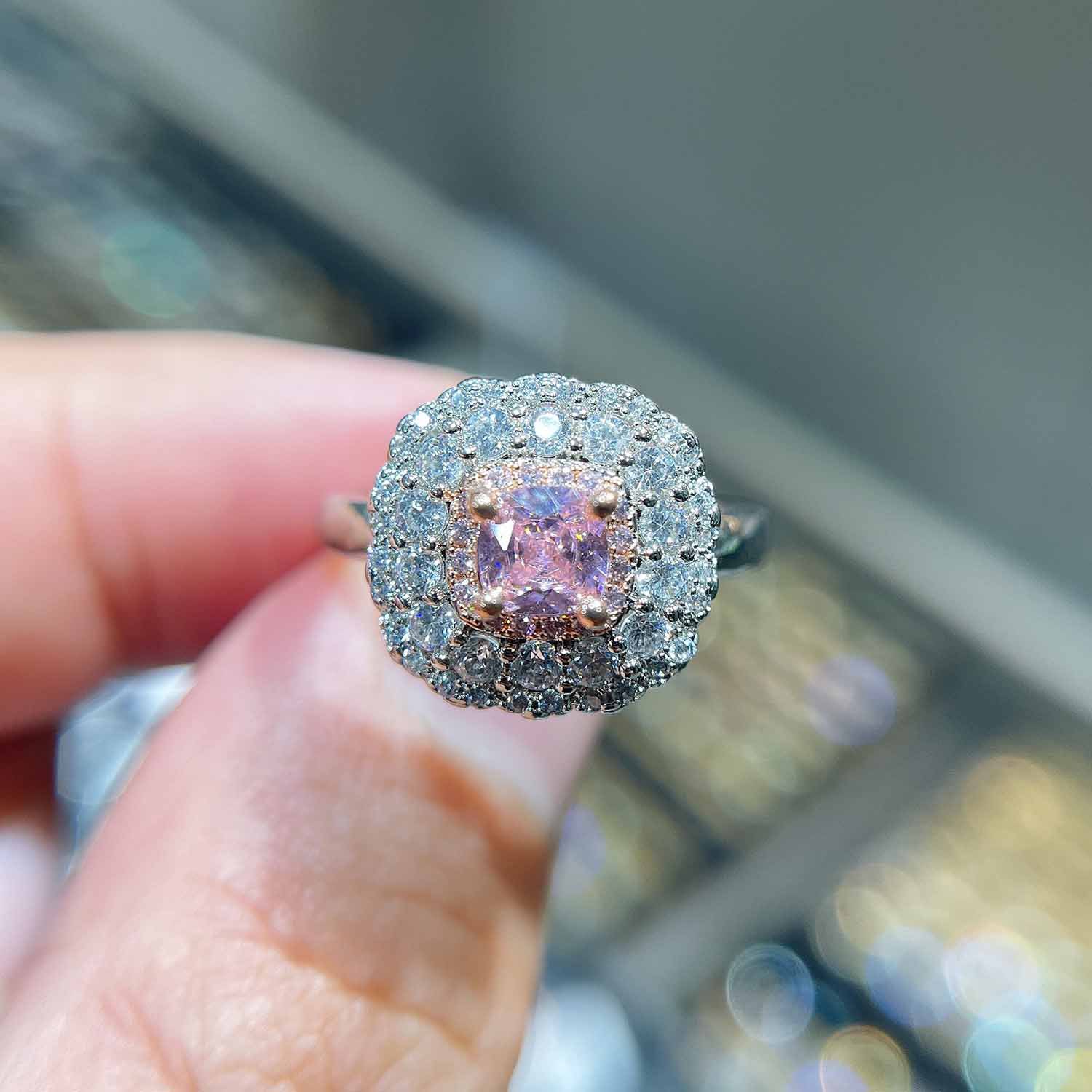 新款欧美奢华微镶满钻公主方钻戒指 ins风超闪粉黄钻开口彩宝女戒