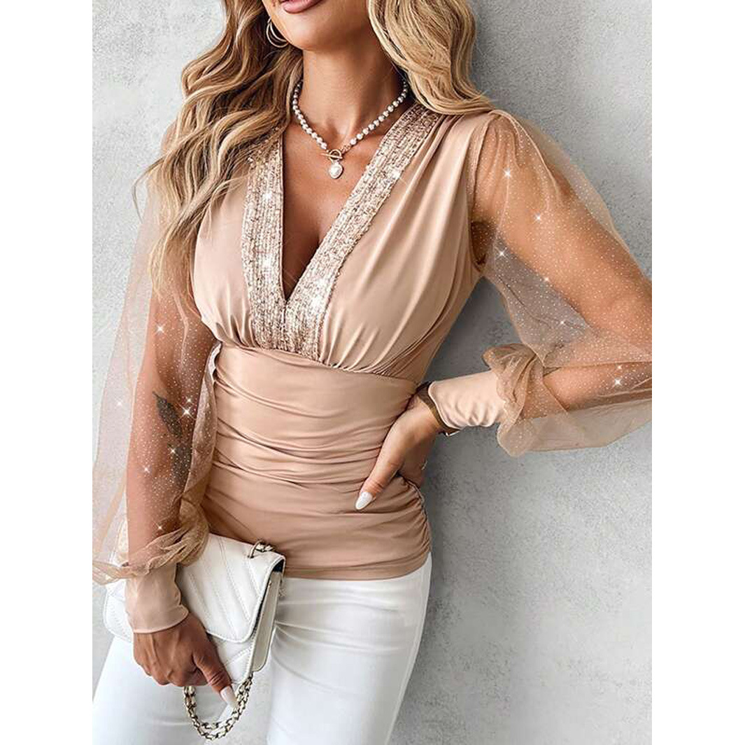 2023跨境新款shein配饰v领网状拼接长袖轻装衬衫时尚优雅-阿里巴巴