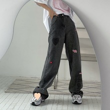 烟灰色直筒牛仔裤女2024新款韩版宽松设计感刺绣高腰阔腿裤子