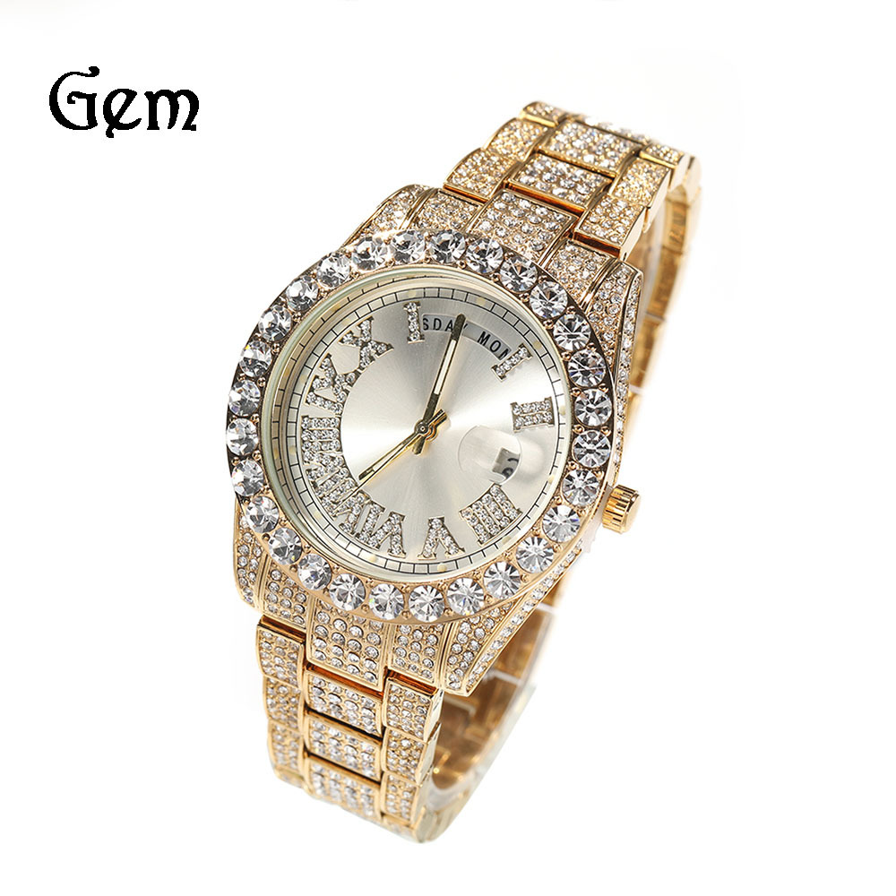 hip hop fashion quartz watch double inserts big round diamond waterproof calendar trendy men‘s watch cross-border supply