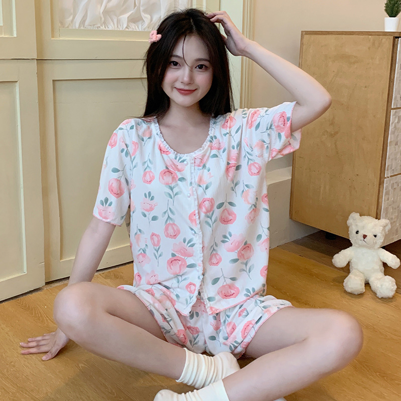 夏季短袖坑条睡衣女花边花朵印花家居服套装网红甜美可爱揭阳休闲