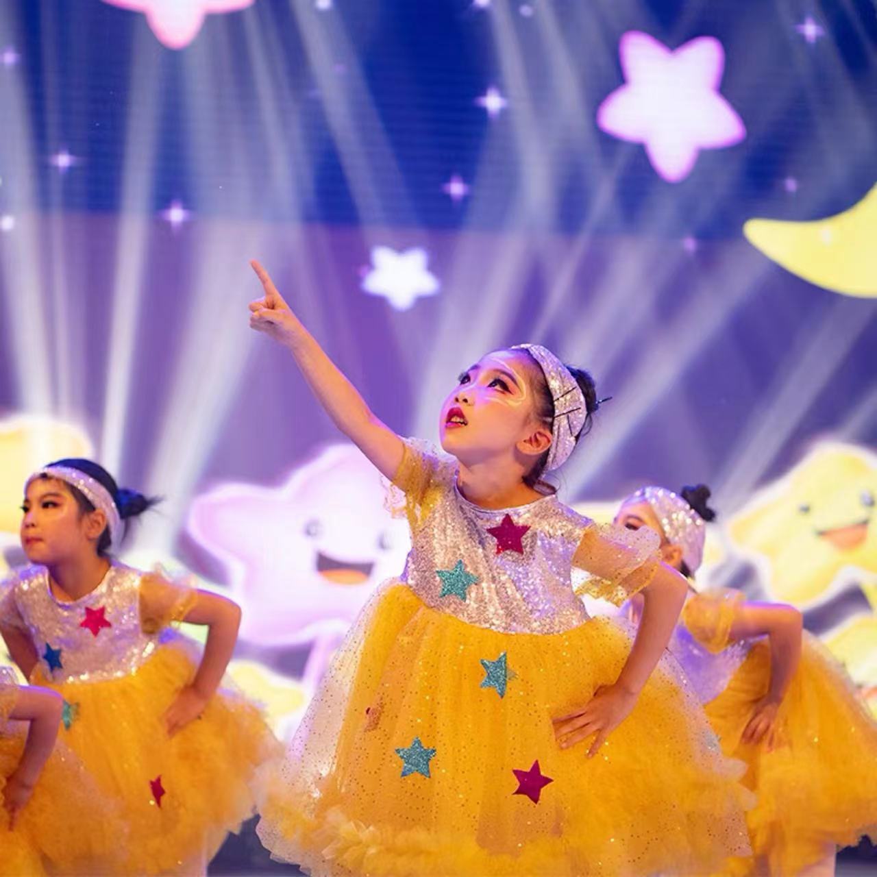 幼儿园六一我们都是小星星儿童舞蹈演出服可爱粉黄蓬蓬纱裙表演服