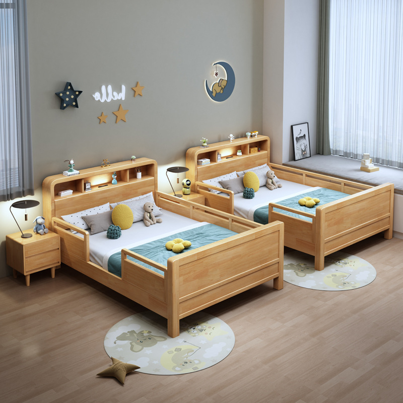 全实木儿童床带灯带护栏1米2男女孩床1.