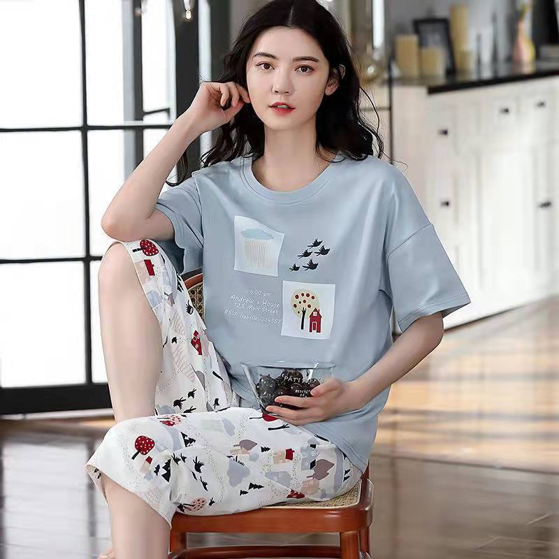 Korean Pajamas Women's Summer Cotton-like Short-Sleeved Cropped Pants Home Wear Summer Thin Casual Cute plus Size Suit