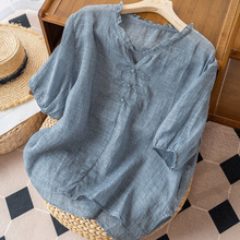 棉麻刺绣V领短袖t恤上衣女夏季薄款木耳边皱褶大码宽松透气衬衫