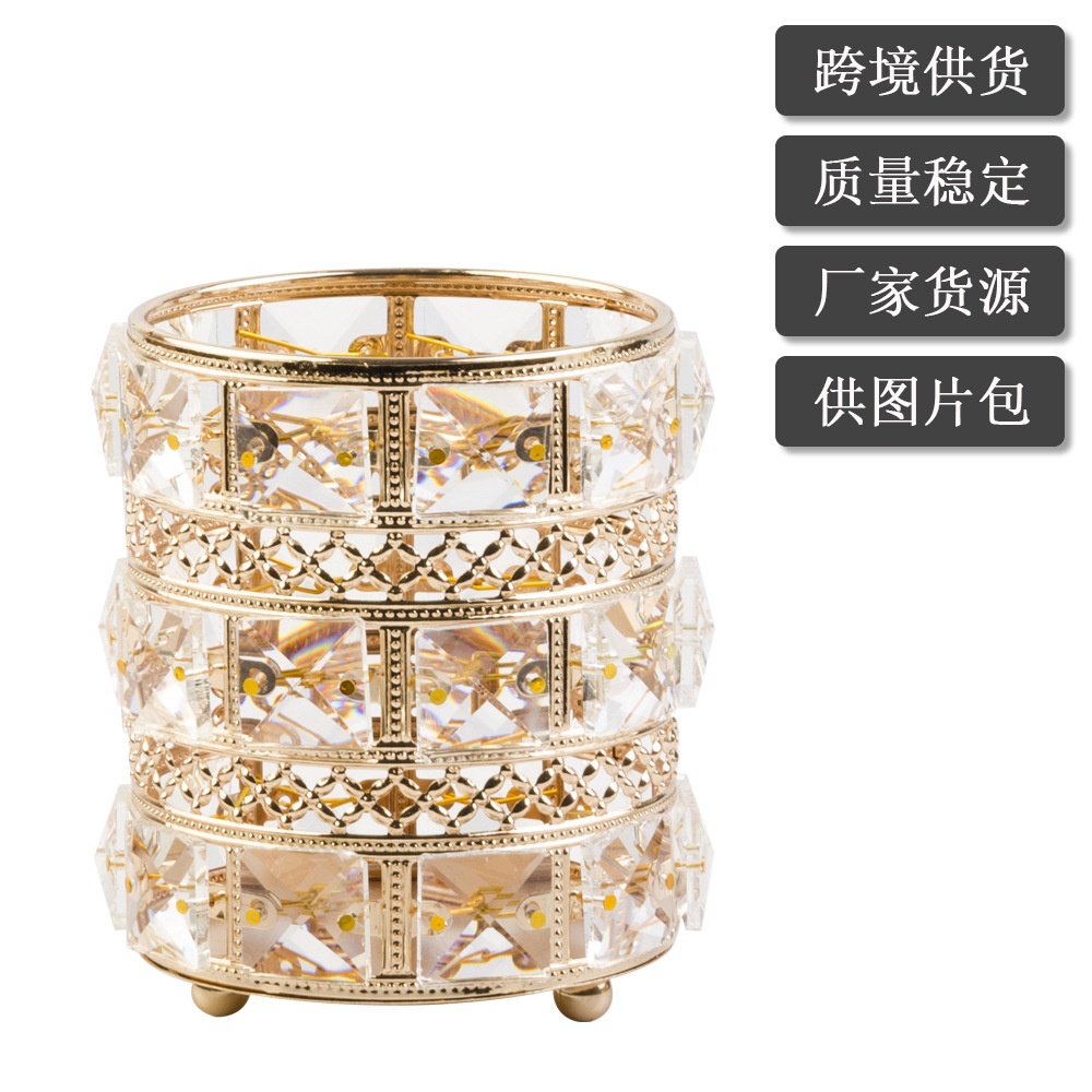 Cross-Border Light Luxury Crystal Candlestick Holiday Candle Dinner Arrangement Candle Holder round Makeup Tools Storage Bucket Pen Holder