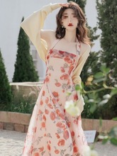 法式玫瑰吊带挂脖连衣裙气质温柔碎花长裙收腰显瘦茶歇度假裙夏季
