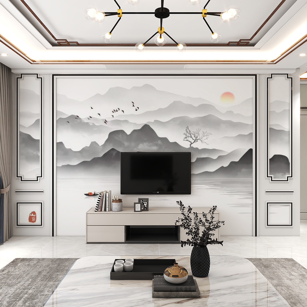 现代简约新中式山水壁纸壁布电视背景墙大型壁画客厅沙发墙布墙纸