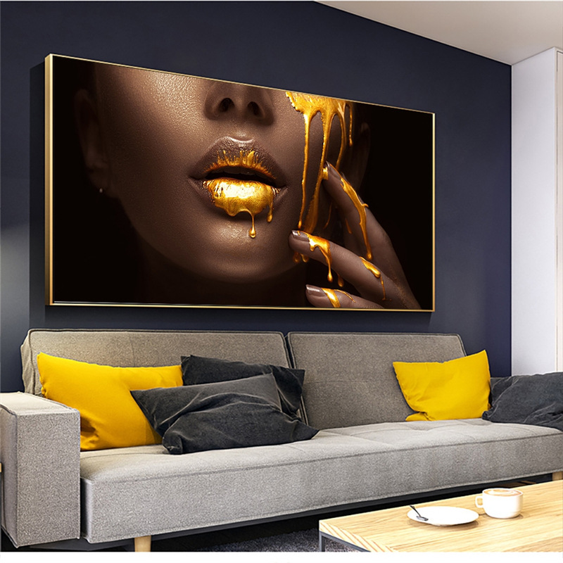 黑人妇女脸金色液体帆布画壁画海报墙壁艺术卧室客厅现代装饰画