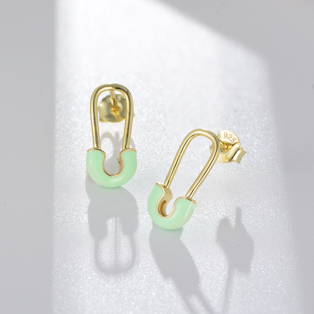 s925纯银简约回形针耳钉女欧美ins个性小众设计感滴胶耳环银耳饰