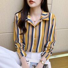 2023秋季新款韩版时尚装饰灯港风复古设计感黄条纹长袖衬衫