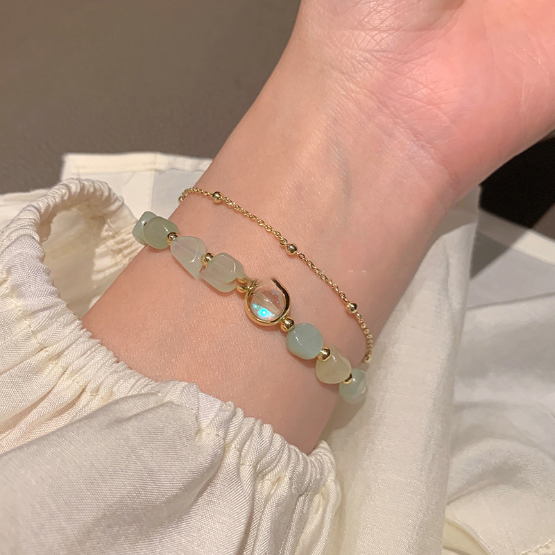 Real Gold Electroplated Jade round Beads Double-Layer Bracelet New Chinese Style Now Fashionable Temperament Bracelet Artistic Vintage Jewelry Women