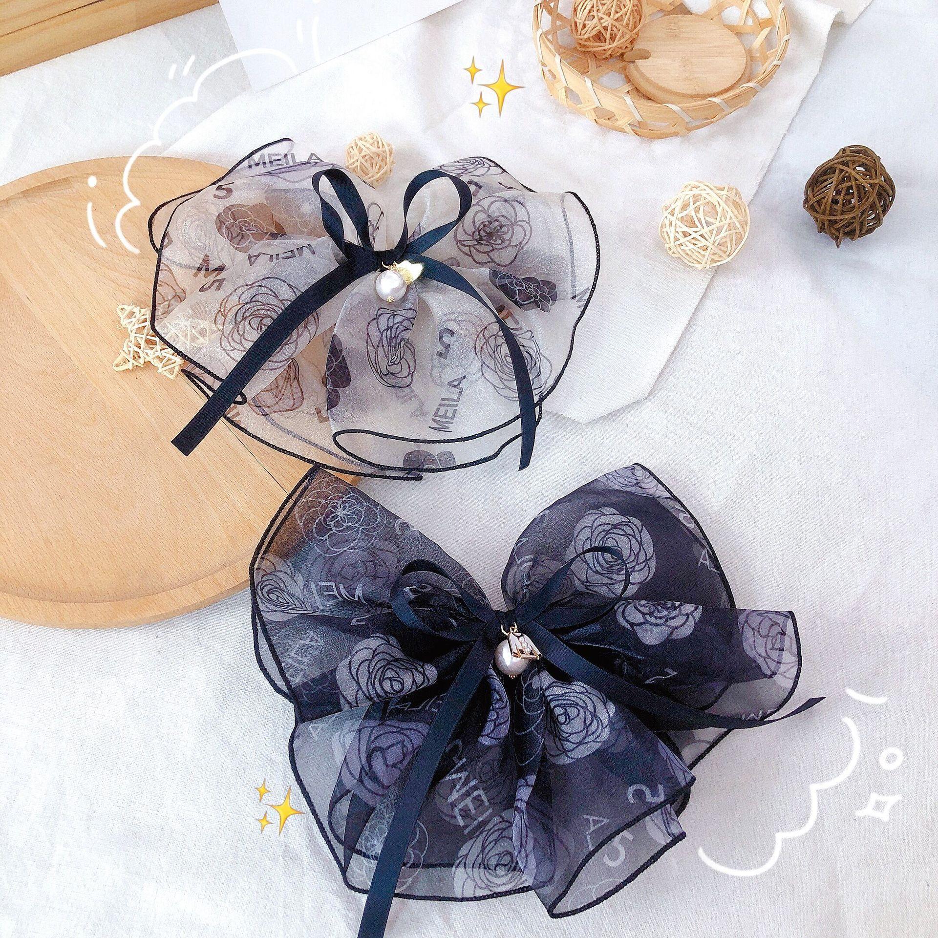 优雅气质欧根纱超大玫瑰花图案弹簧夹发夹女后脑勺简约小香风弹簧