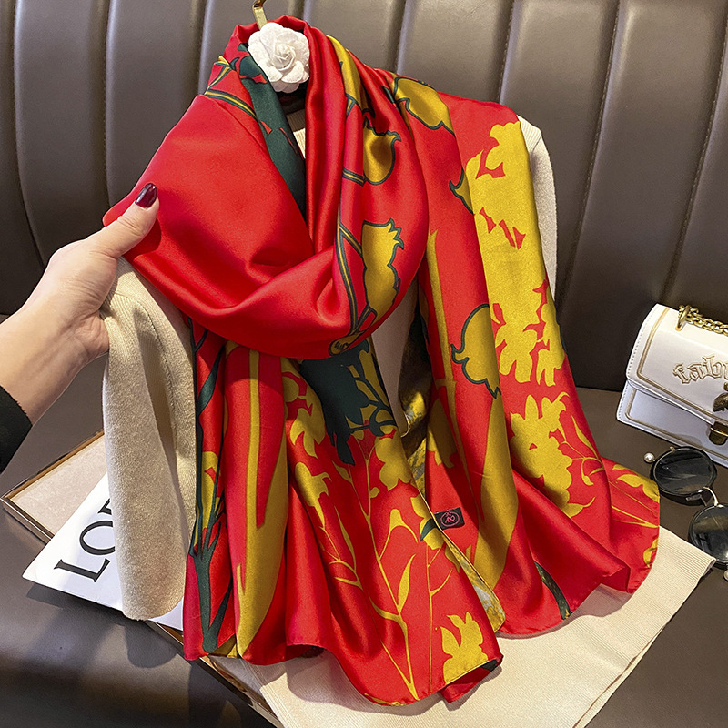 Chinese Red Retro Floral New Silk Satin Long Scarf Outer Wear Indoor Warm Shawl Spring Women's to Give Mom