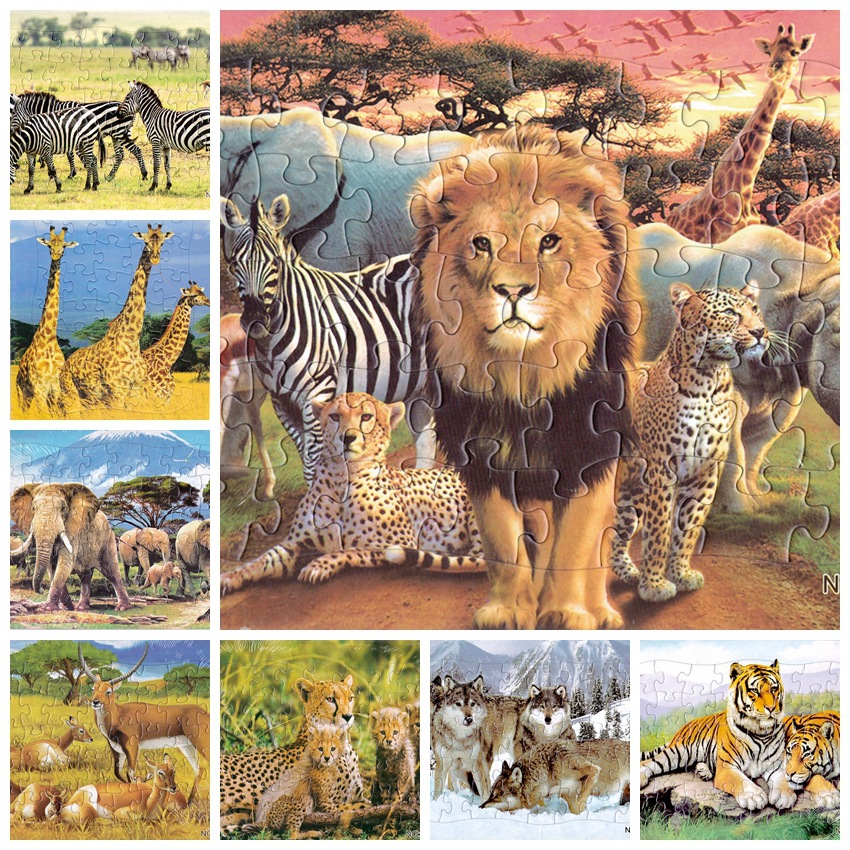 40片纸质平面卡通拼图野生动物世界大象老虎狮子企鹅斑马拼图玩具