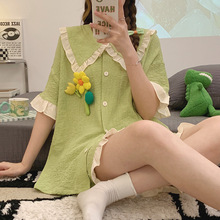 棉纱睡衣女夏季薄款短袖短裤小清新绿色甜美花朵减龄家居服两件套