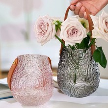 欧式浮雕图腾皮革手提创意玻璃花瓶水培客厅简约插花摆件