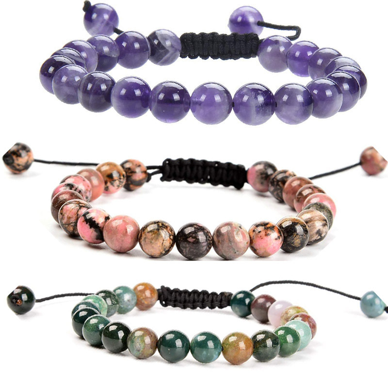 跨境天然石玛瑙手链 可调节串珠绳编饰品 文玩紫水晶复古手串批发