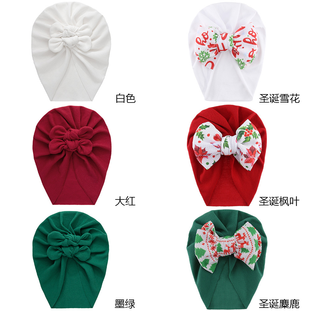 2023 New Children's Color Matching Sleeve Cap Christmas Printing Bow Baby Indian Hat Cross-Border Autumn and Winter Babies'