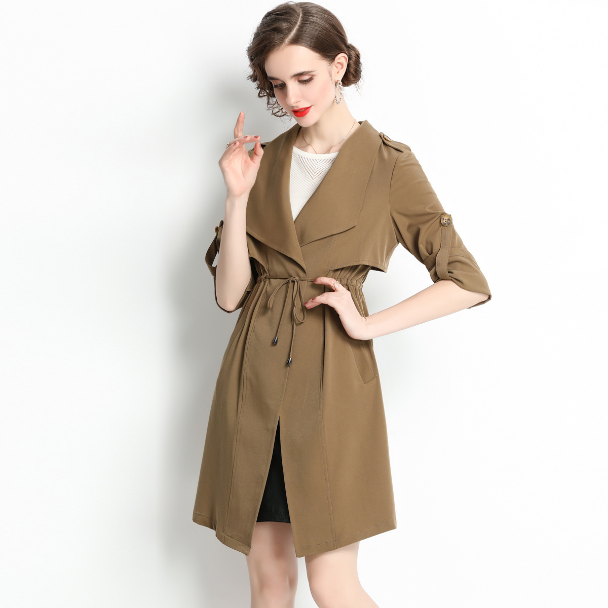 2069实拍现货英伦风薄款风衣外套女小个子收腰气质垂感中长款