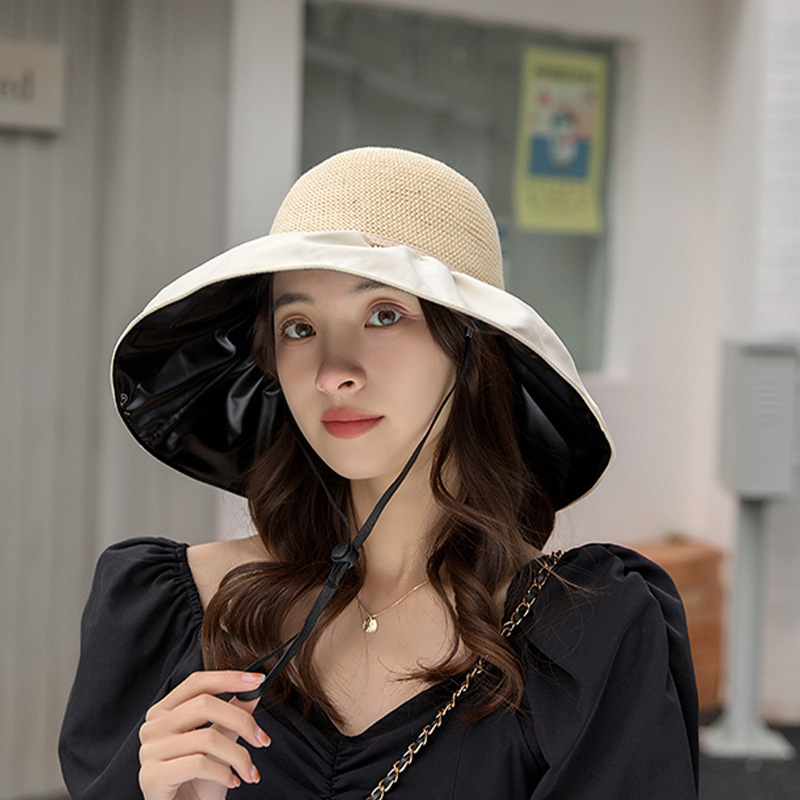 Hat Female Summer Vinyl Bow Sunhat UV Protection Hollow-out Straw Hat Face Cover Sun-Proof Sun Bucket Hat