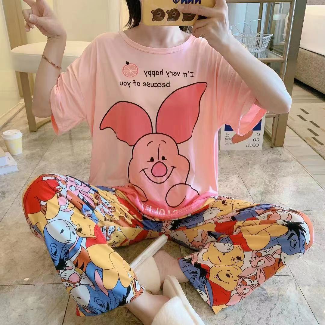 Southeast Asian Fashion Pajamas Women's Summer Short Sleeve Trousers Milk Silk Pajamas Cartoon Loose Home Wear Foreign Trade